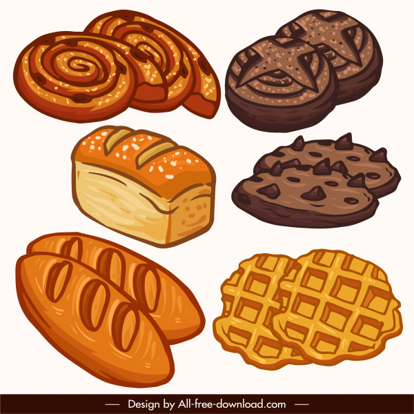 food icons classical handdrawn bread cake sketch