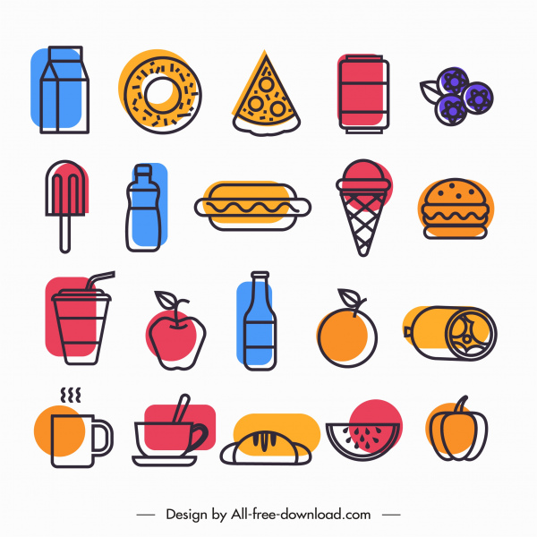 food icons colored flat handdrawn sketch