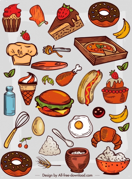 food icons colorful retro design