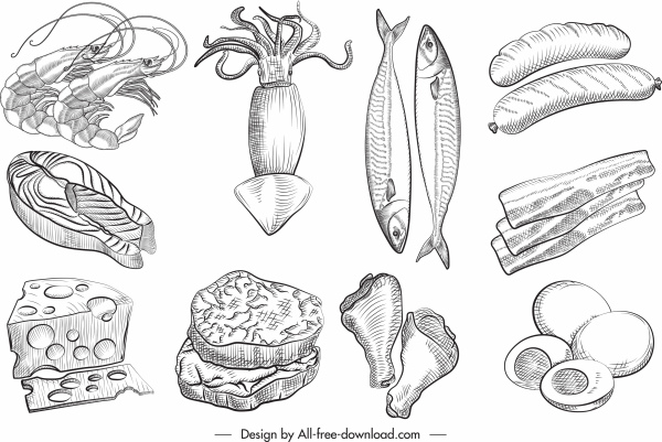 food ingredients icons black white handdrawn sketch