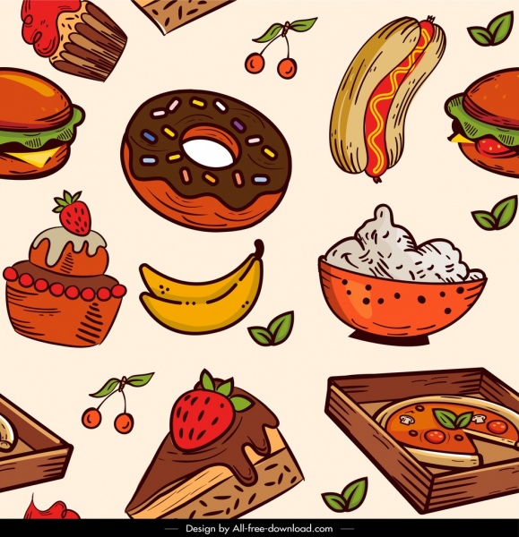 food pattern colorful classical handdrawn decor