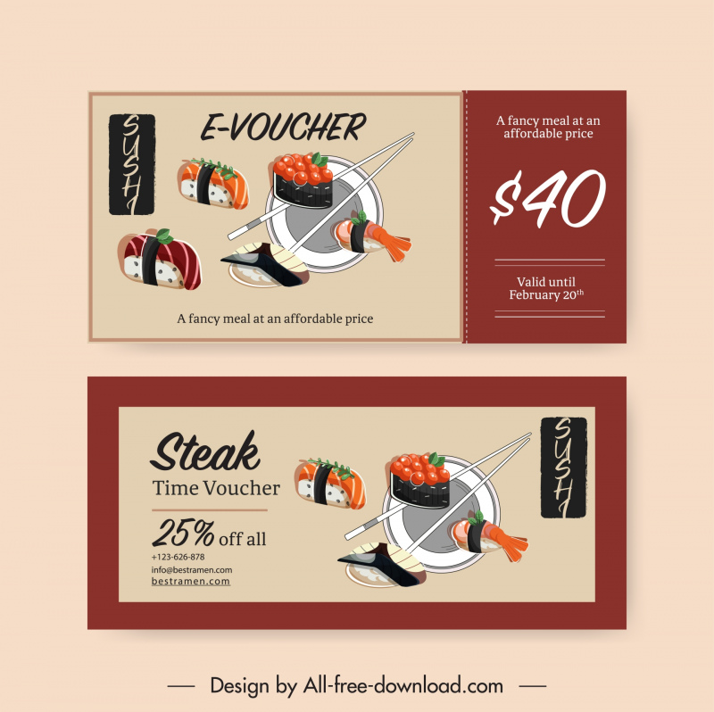 food voucher template flat classical sushi elements 