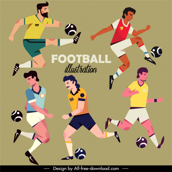 football players icons dynamic cartoon sketch