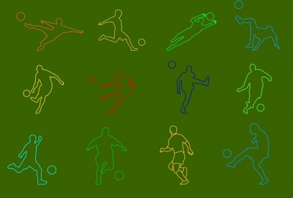 footballer icons sets colored silhouette images various gestures