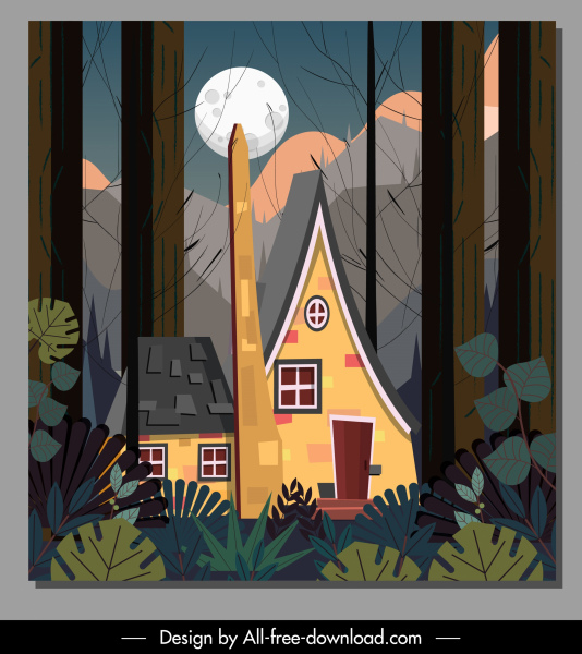 forest house painting moonlight decor colorful classic