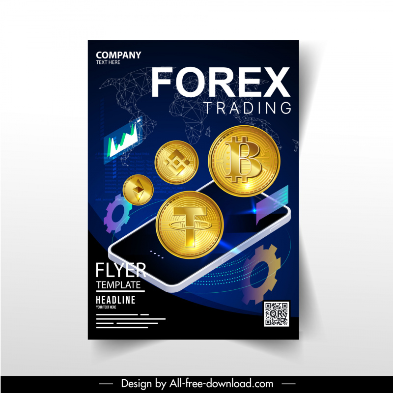  forex trading flyer template 3d digital coins smartphone gear sketch