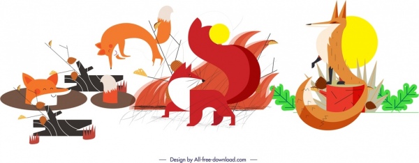 fox icons sets colored cartoon sketch