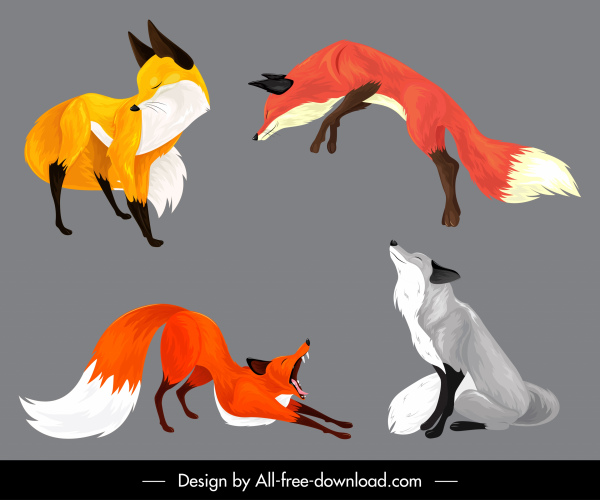 fox icons various gestures colorful sketch cartoon design
