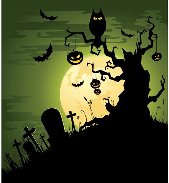 Free vector owl and pumpkin sitting on tree in graveyard Free vector in ...