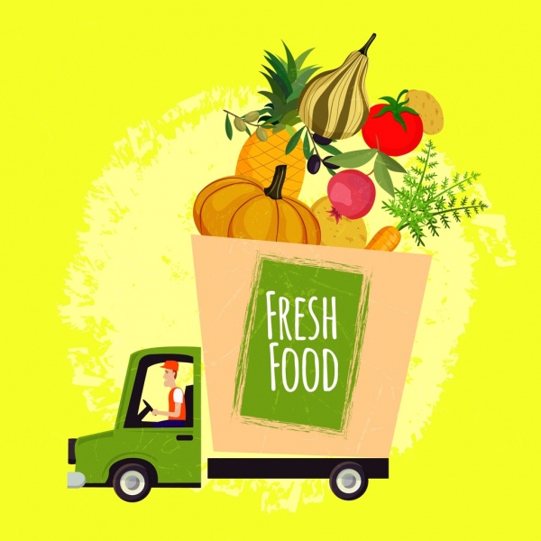 fresh food advertising truck fruits icons decoration