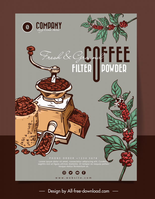 fresh ground filter coffee powder advertising banner handdrawn classical sketch
