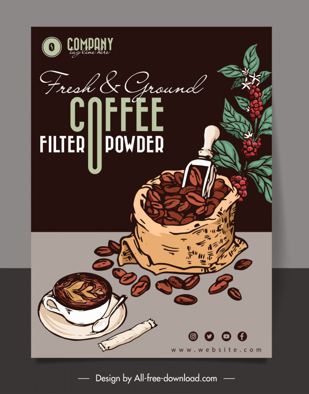 fresh ground filter coffee powder advertising banner handdrawn retro design