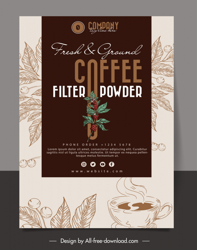 fresh ground filter coffee powder banner handdrawn leaves cup elegant retro design