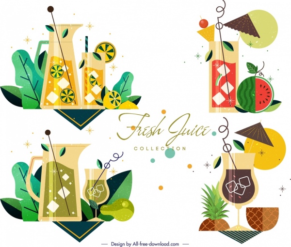 fresh juice cocktail icons multicolored classical design