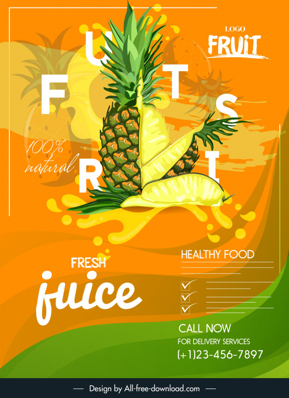 fresh natural fruit poster template dynamic grunge pineapple slices sketch