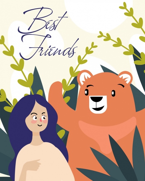friendship background girl bear icons cartoon characters