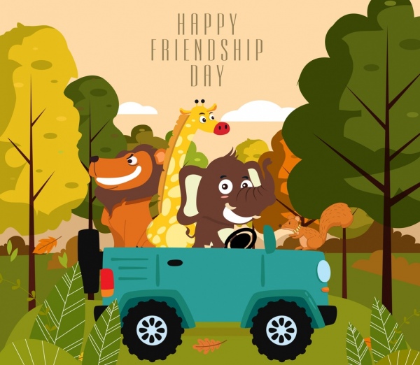 friendship day banner car animals icons cartoon design