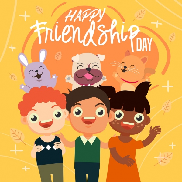 friendship day poster children pets icons cartoon design