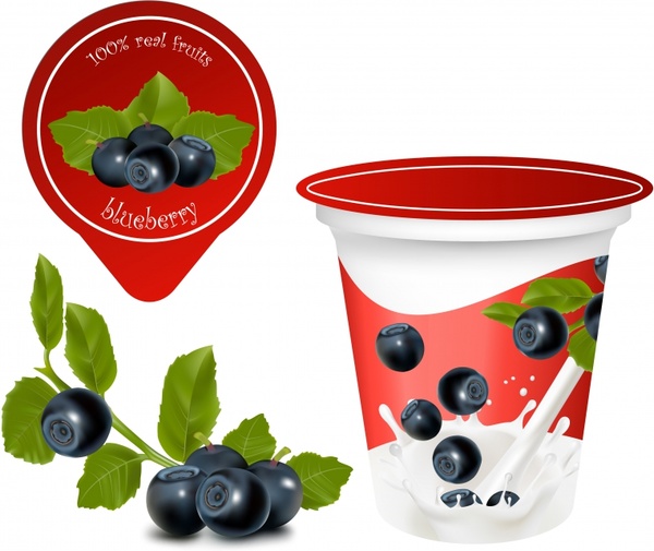 fruit yoghurt advertising blueberry milk icons realistic design