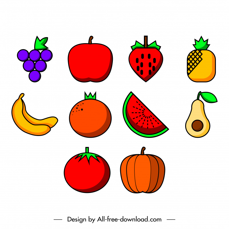 fruit icons sets colored flat classical design