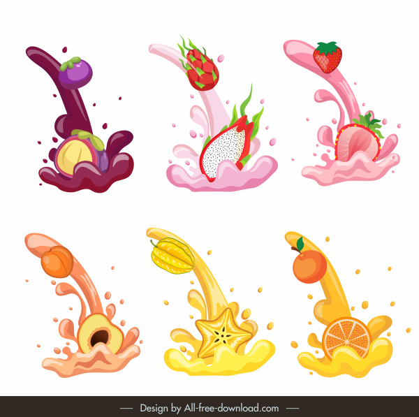 fruit juice icons modern splashing motion design
