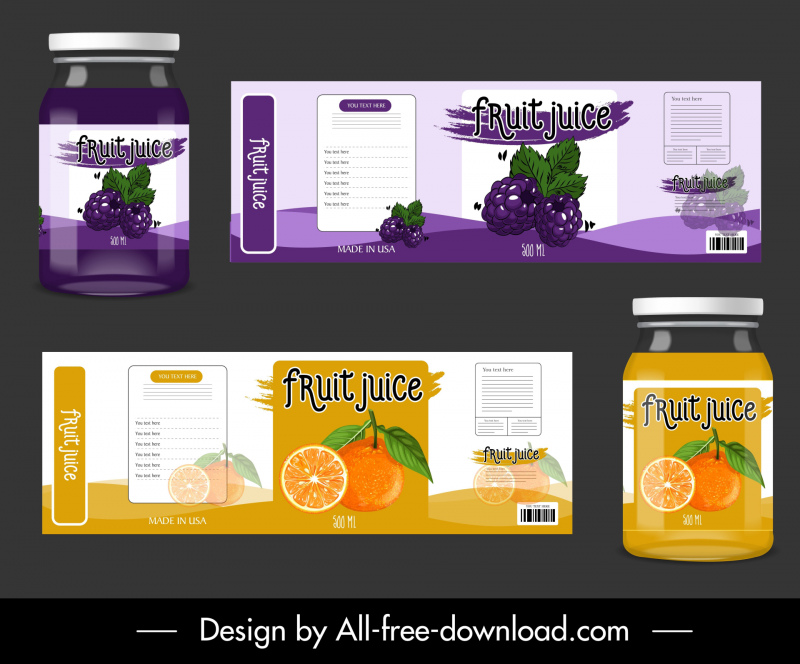 fruit juice label template elegant flat orange blackberries sketch 