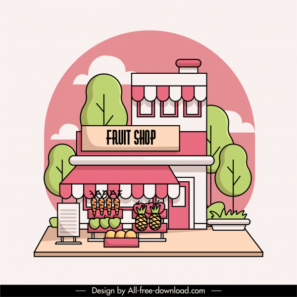 fruit shop exterior background flat handdrawn sketch