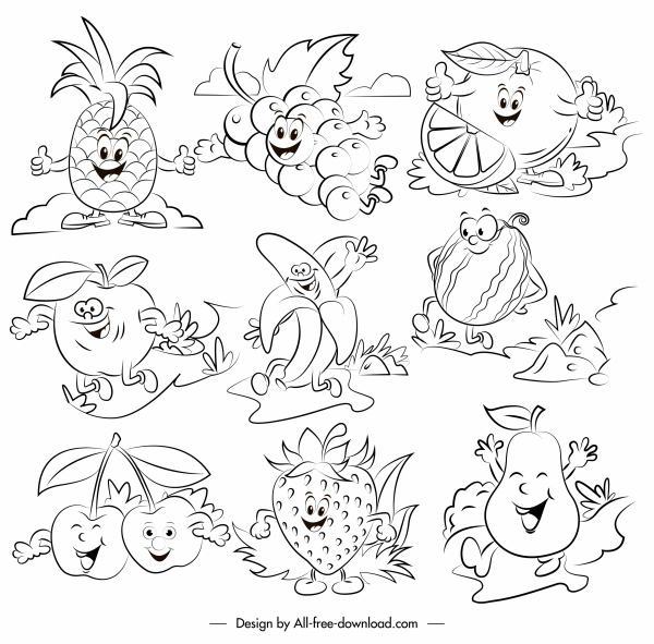 fruits icons funny stylized sketch handdrawn design