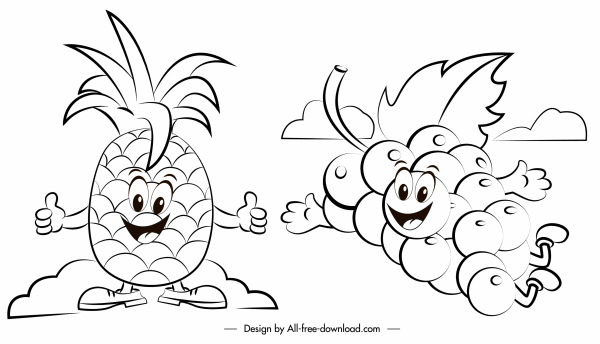 fruits icons pineapple grapes sketch handdrawn stylization