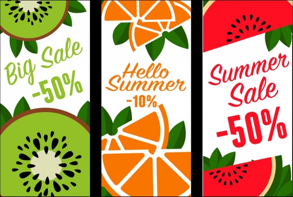fruits sales banners kiwi orange water melon icons