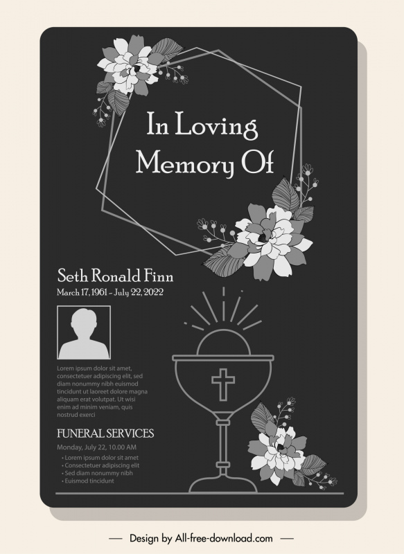 funeral vector card template elegant dark flowers christian elements monochrome decor