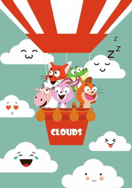 funny animals drawing stylized clouds icons colored cartoon