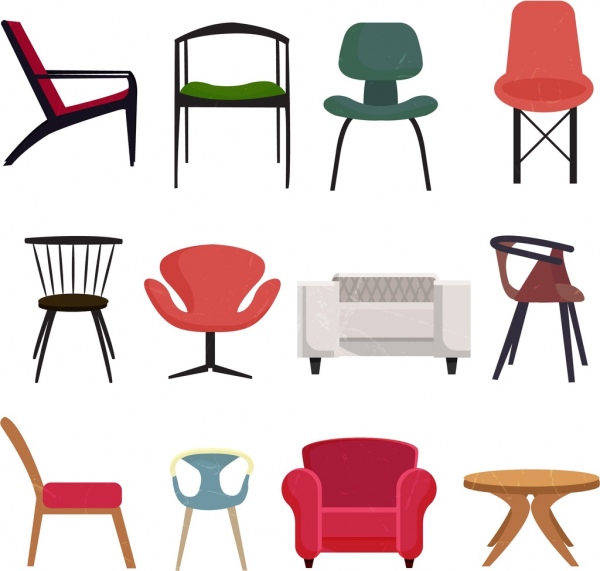 furniture chairs icons collection various colored types