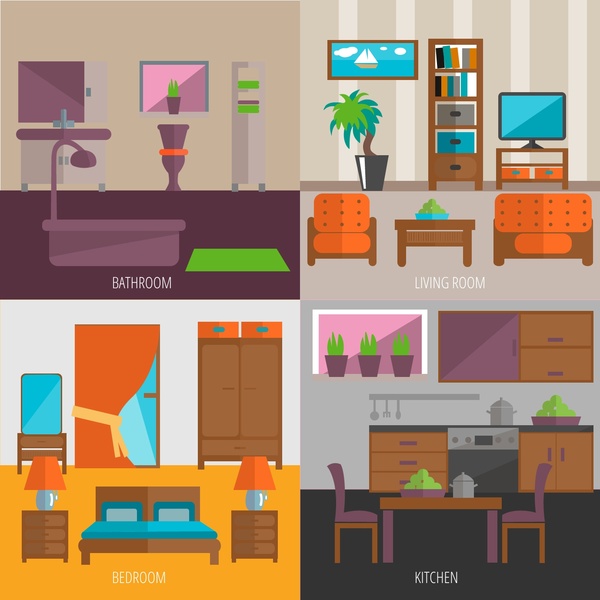 Furniture decoration vector illustration with various rooms Vectors