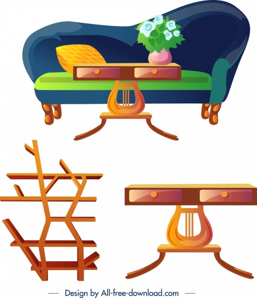 furniture design elements sofa table bookshelf icons