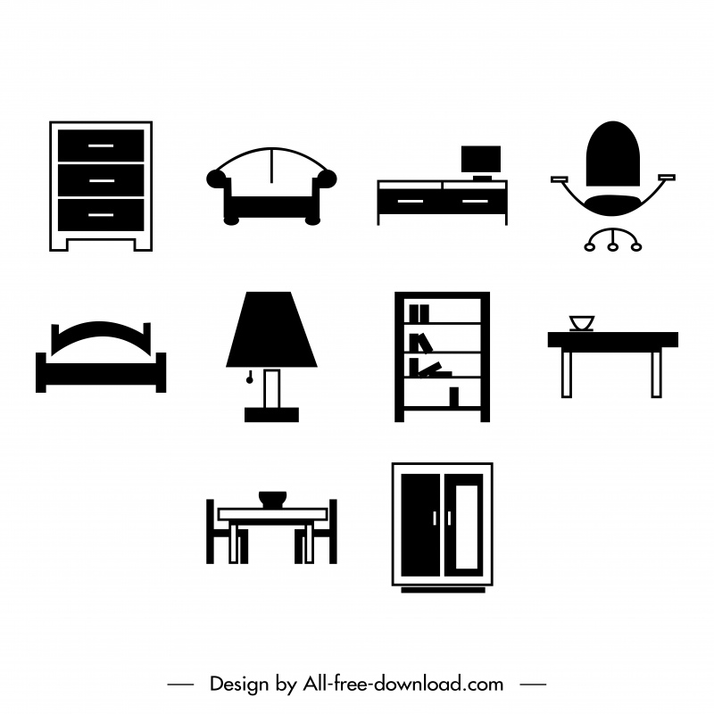 furniture icons sets flat black white objects sketch