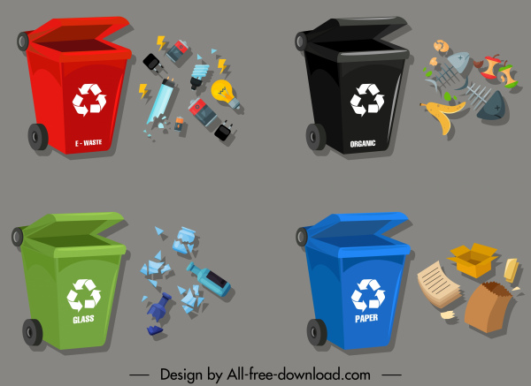 garbage classification icons dustbin wastes sketch