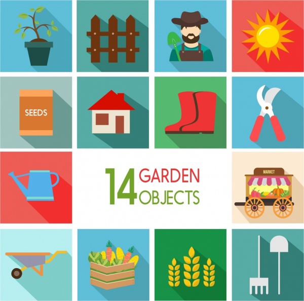 garden design elements colored objects icons isolation 