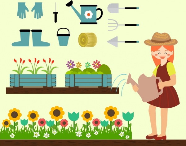 gardening design elements human tools icons colorful design