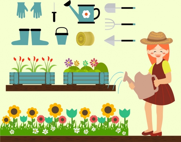 gardening design elements human tools icons colorful design 