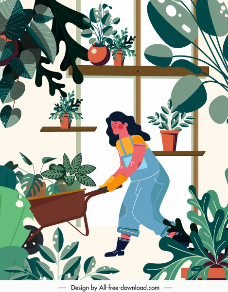 gardening work painting woman houseplants sketch cartoon character