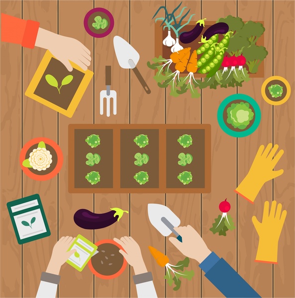 gardening works concept illustration with hands and products