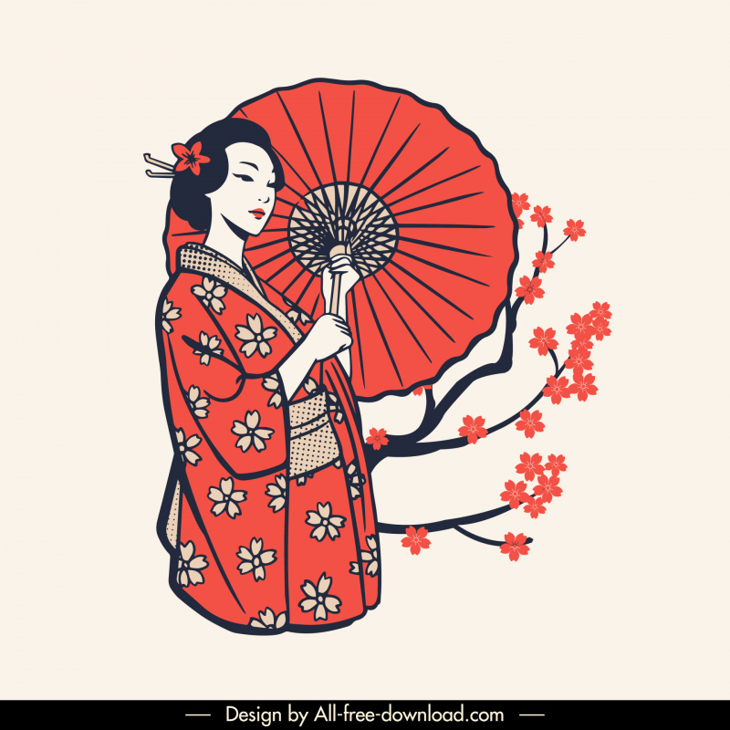 geisha icon cartoon character sketch cherry blossom kimono costume decor
