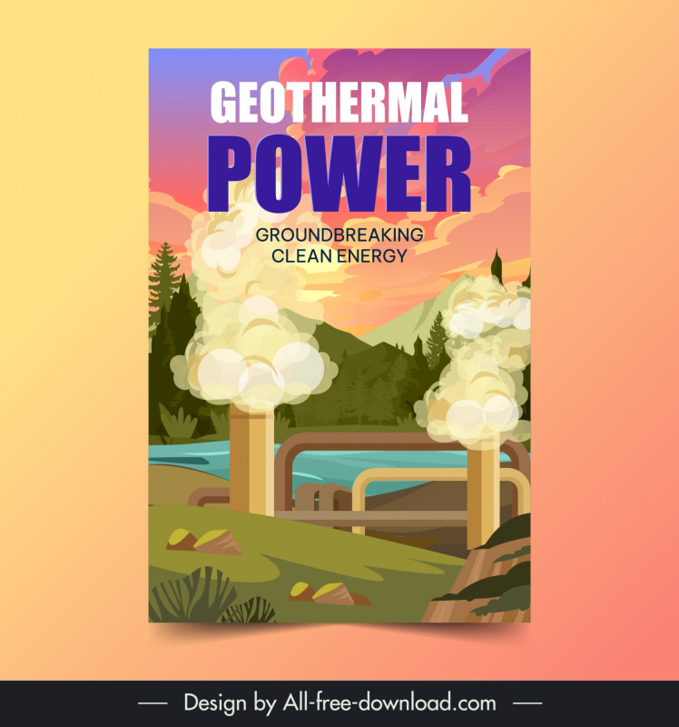 geothermal power poster template smoke fume mountain lake scene 