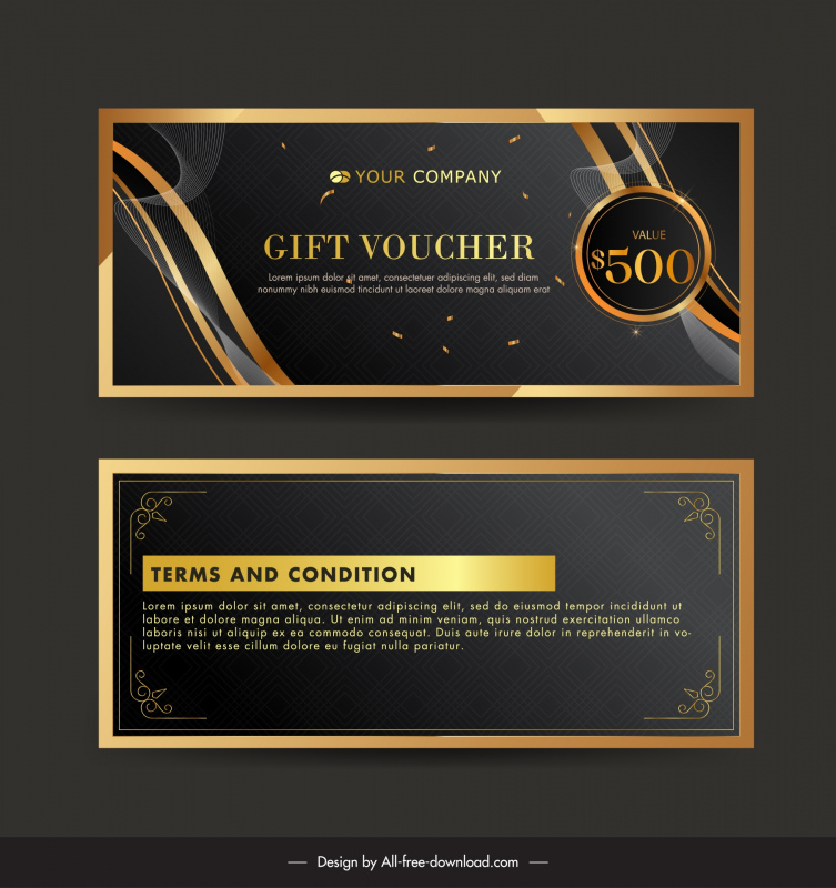 gift voucher template luxury shiny dark curves confetti