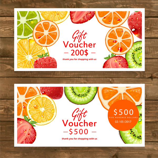 gift voucher vector illustration with various fruits background