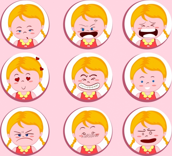 girl emotional icons collection round isolation cute design