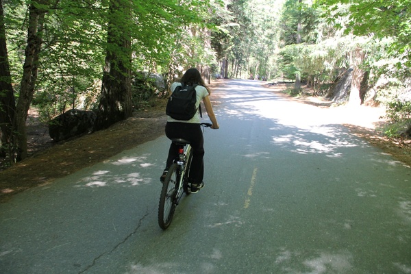 girl riding bicycle on forest path