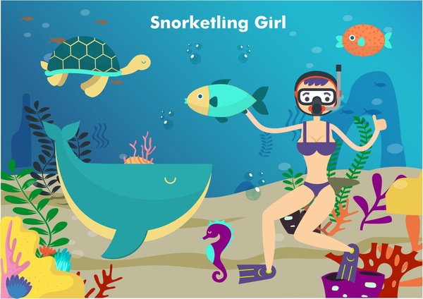 girl snorkelling in sea vector illustration in colors
