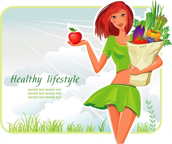 healthy lifestyle banner young lady vegetables sketch